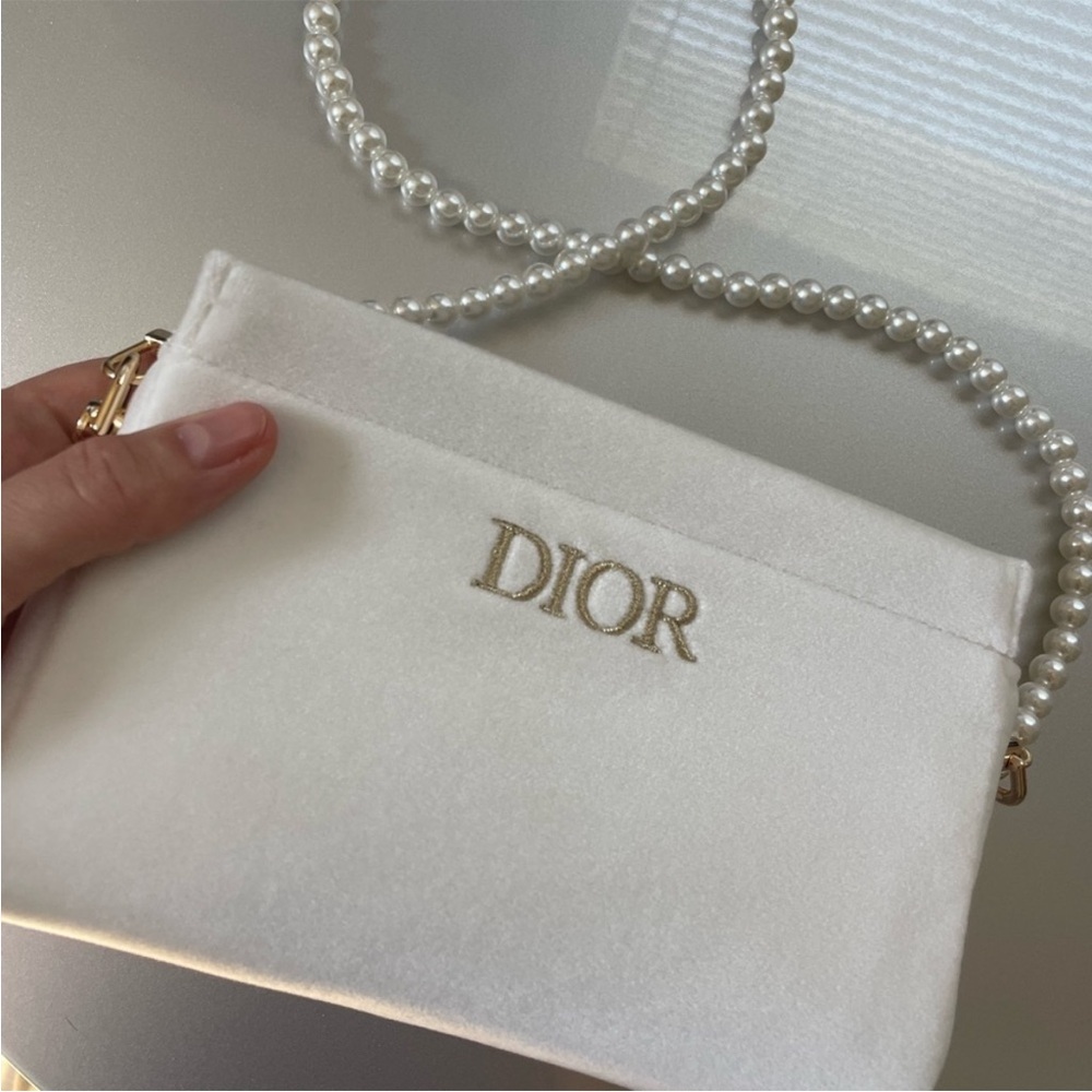 DIOR White velvet Bag Pearl Strap logo wristlet 
 shoulder purse rare bridal